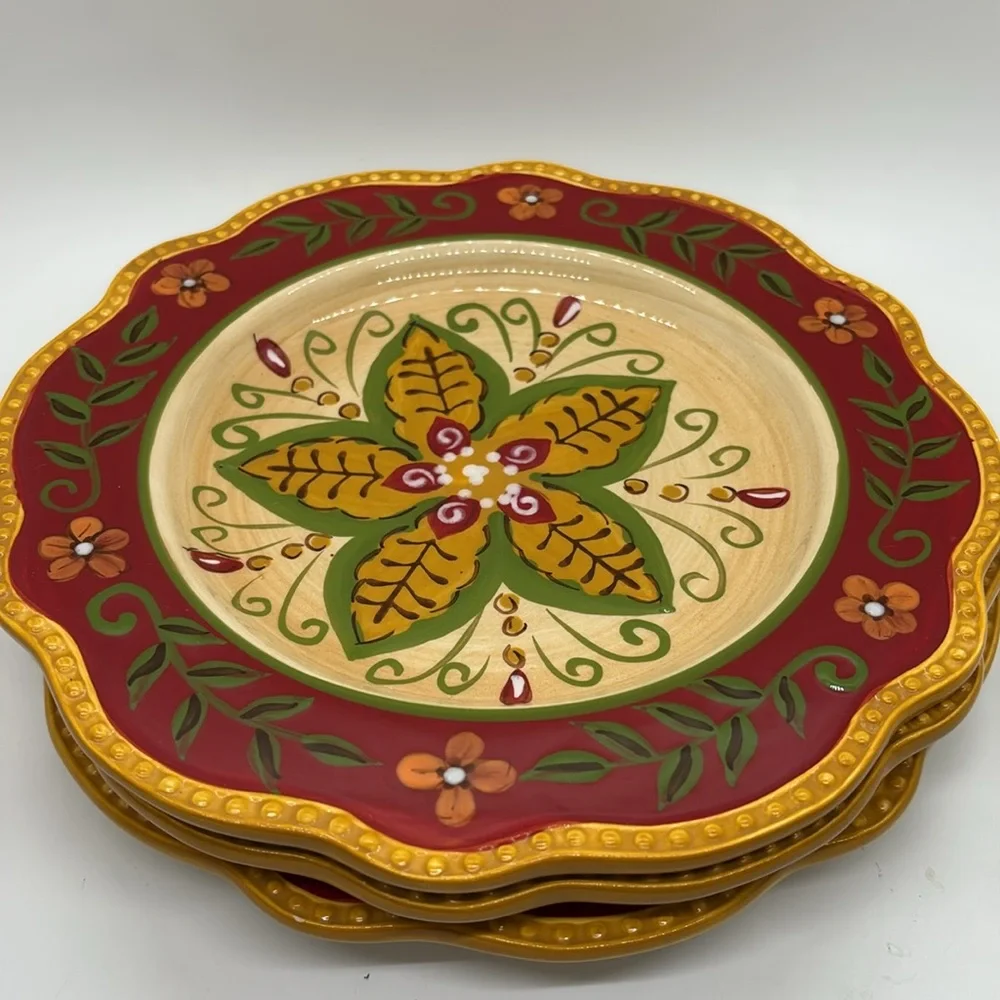 Pier 1 Juliana hand painted floral gold red scalloped edge salad plates 4